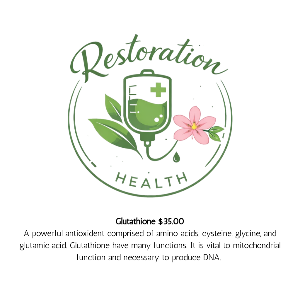 A logo with a green circle containing a pill bottle, leaves, and a pink flower. The words 'Restorative' above the circle and 'Health' below are written in a script and bold font, respectively.