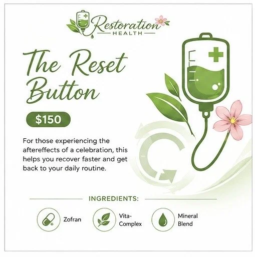 A promotional graphic for a health treatment called "The Reset Button" from Restoration Health. It features a green IV drip with leaves and a pink flower, a price of $150, and lists ingredients: Zofran, Vita-Complex, and Mineral Blend. The graphic em