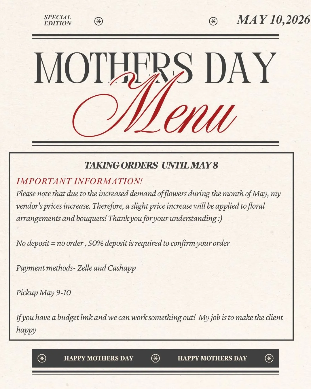 $15 fee for orders after April 25 
Soft petals, luxury wrapping, and love in every detail 💕
Mother&rsquo;s Day orders are now open