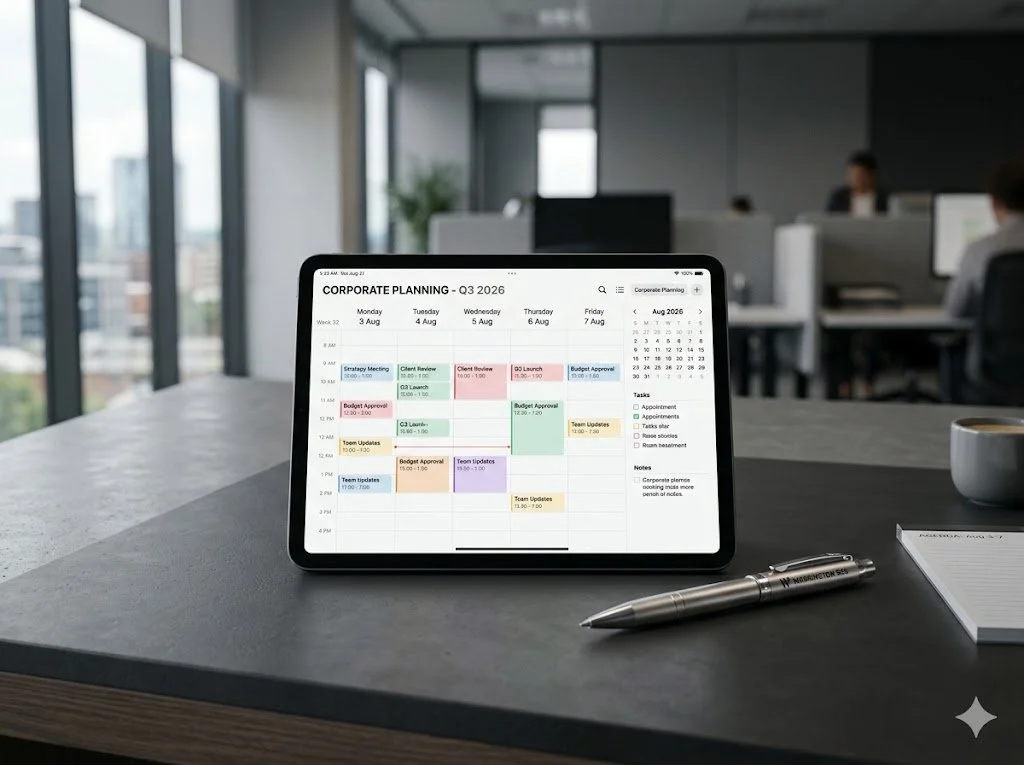Tablet displaying a corporate planning calendar for Q3 2026 on a desk in a modern office.