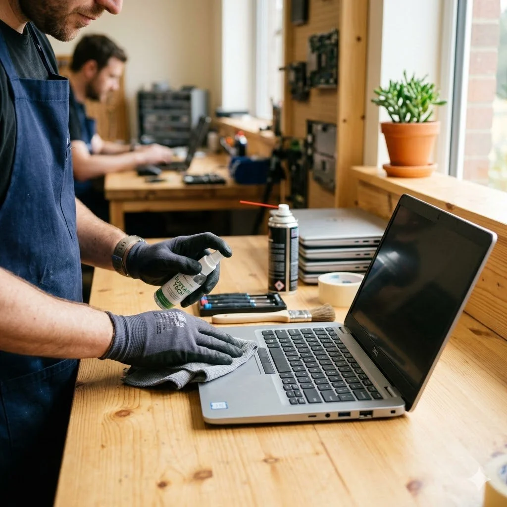 A person cleaning a laptop with a cloth and spray bottle in a workshop or makerspace with other people working at tables in the background.