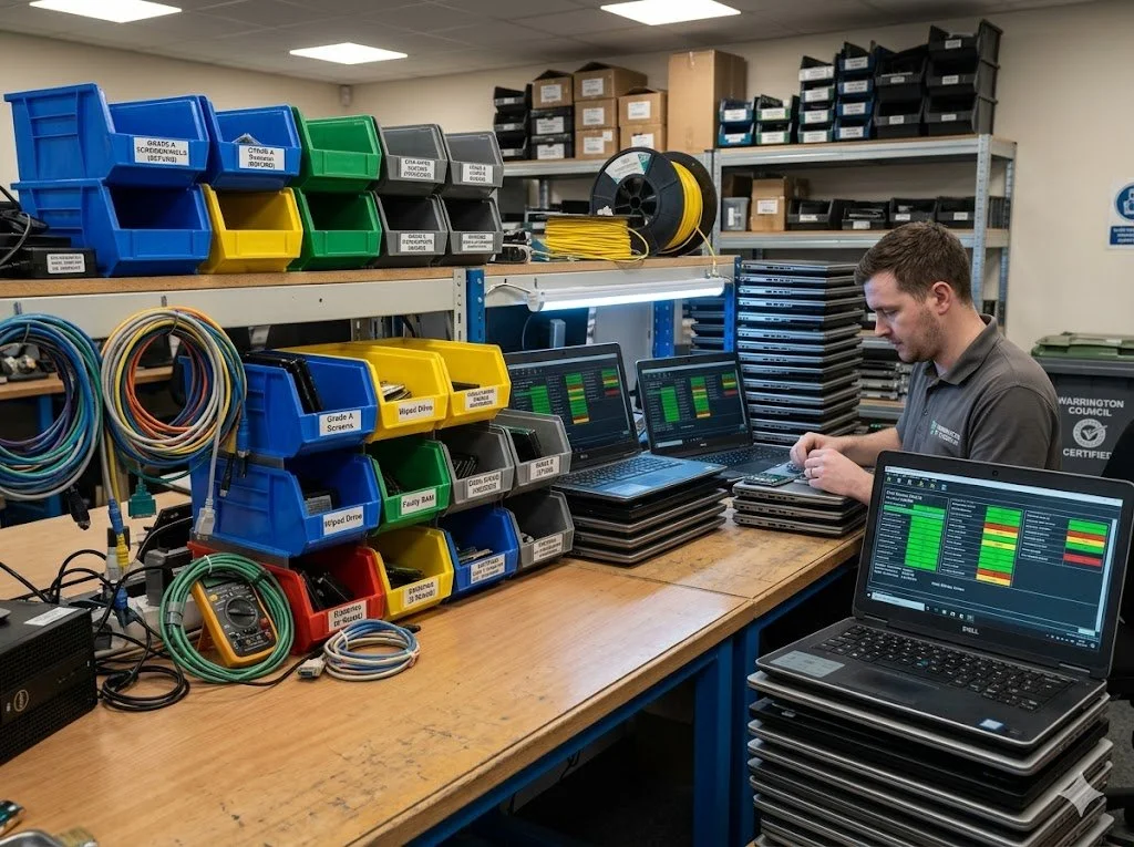 A technician working at a cluttered workstation with multiple laptops, labeled plastic bins containing electrical components, and organized wire coils in a workshop or electronics repair shop.