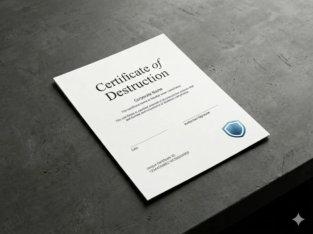 A white certificate titled 'Certificate of Destruction' with a blue shield icon in the bottom right corner, lying on a gray textured surface.