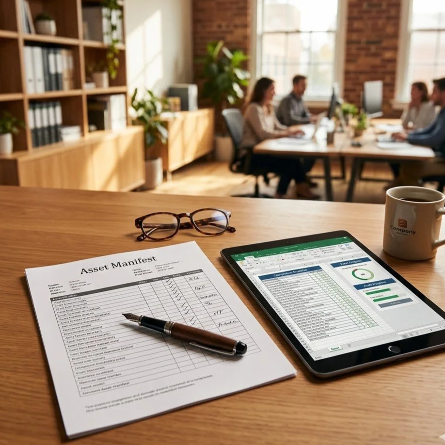 A workspace with an asset manifest, a pen, eyeglasses, a tablet showing a spreadsheet, and a coffee mug in the foreground. In the background, a group of people are working together at a conference table in a bright, modern office with large windows and wooden shelves.