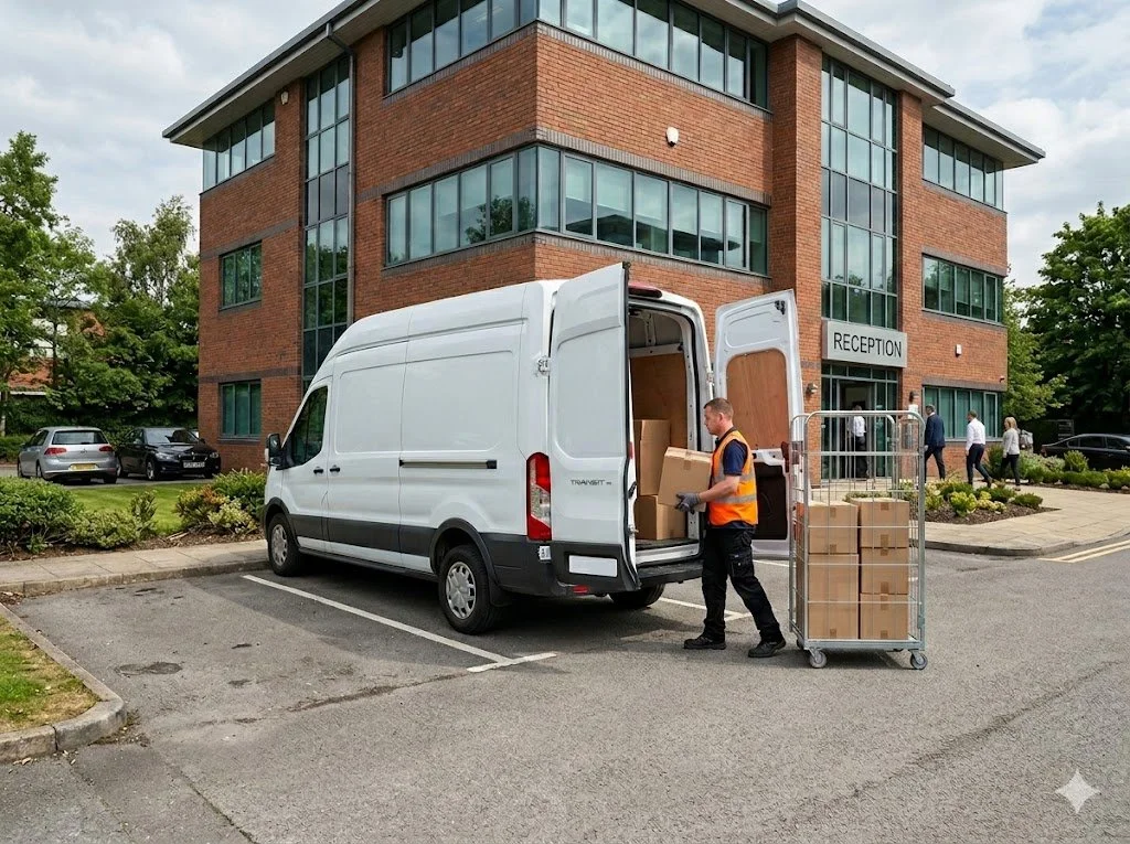 A man in an orange safety vest loading boxes from a white delivery van outside a multi-story office building marked 'Reception'.