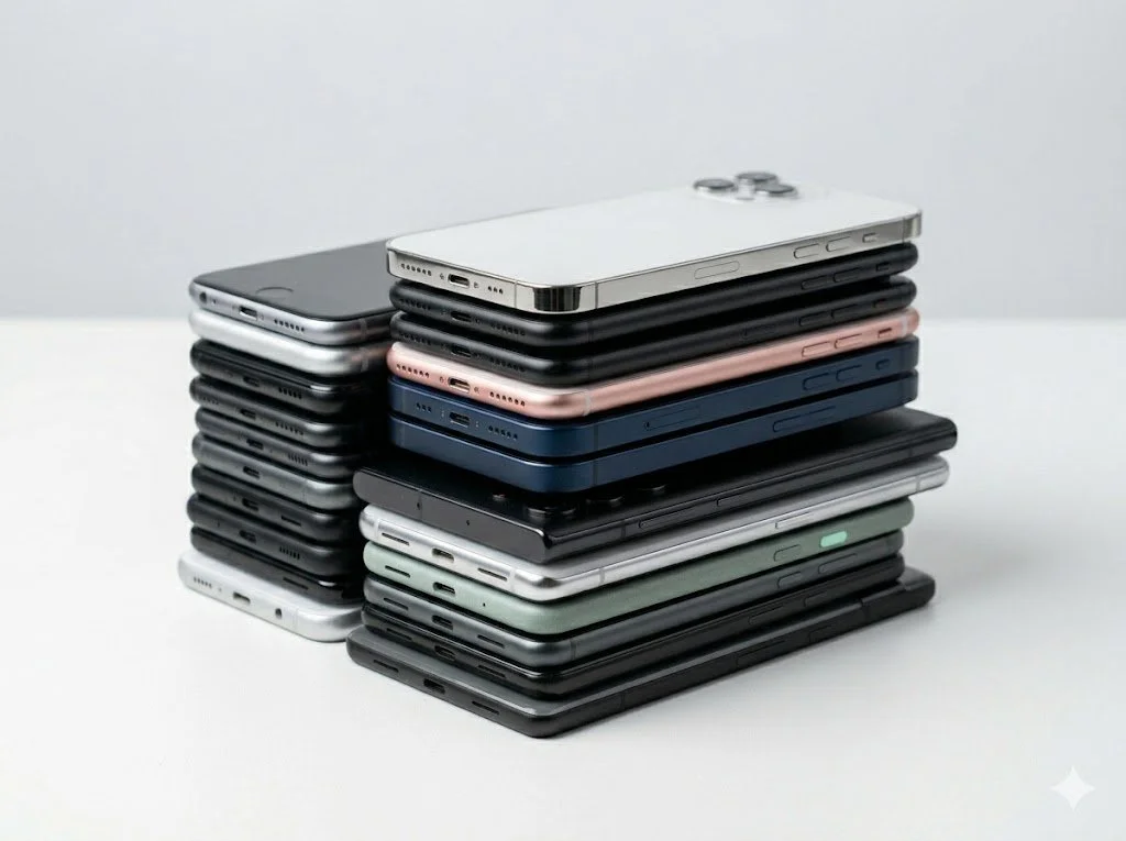 A stack of various smartphones in different colors and models placed on a white surface.