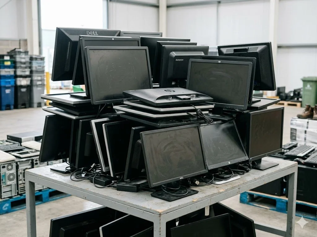 Multiple computer monitors stacked on a table in a storage or recycling area.