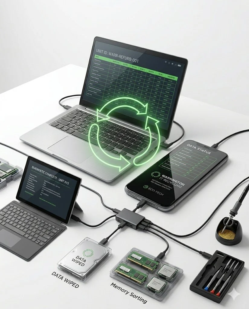 Arrangement of electronic devices including a laptop, a tablet, and a smartphone connected with wires on a white desk, with data and recycling graphics displayed.