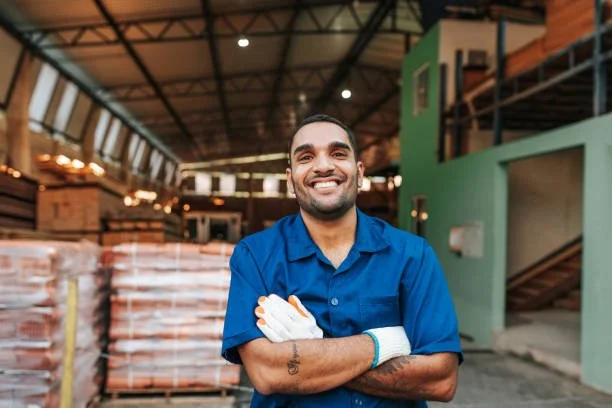 Smiling man with a beard, wearing a blue work shirt and gloves, standing in a warehouse with stacked items and a staircase in the background.