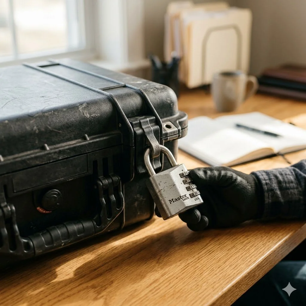 A black lockbox secured with a combination padlock on a wooden desk, with an open notebook, a mug, and folders in the background.