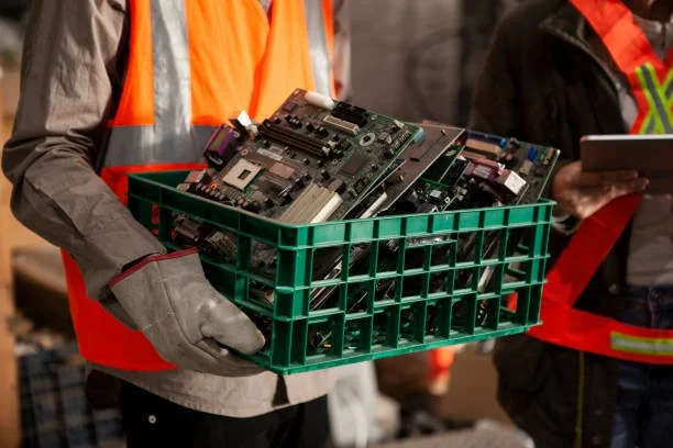 Person wearing gloves and an orange safety vest holding a green plastic crate filled with electronic circuit boards.