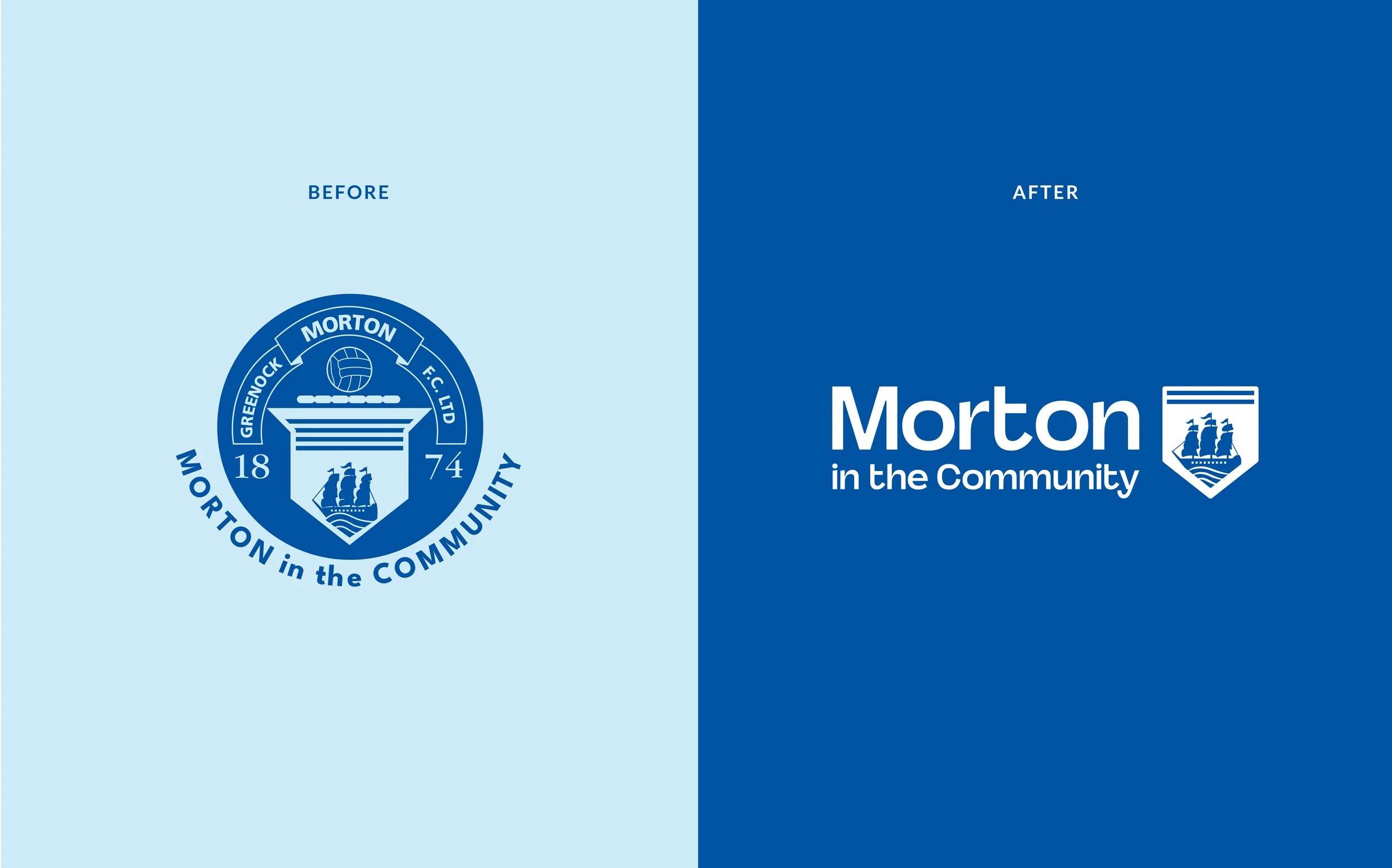 To modernise the Morton in the Community brand identity, the logo was refined by simplifying and softening the existing Greenock Morton FC badge into a rounded shield, creating the foundation for the brand.

Greater emphasis was placed on the ‘Morton