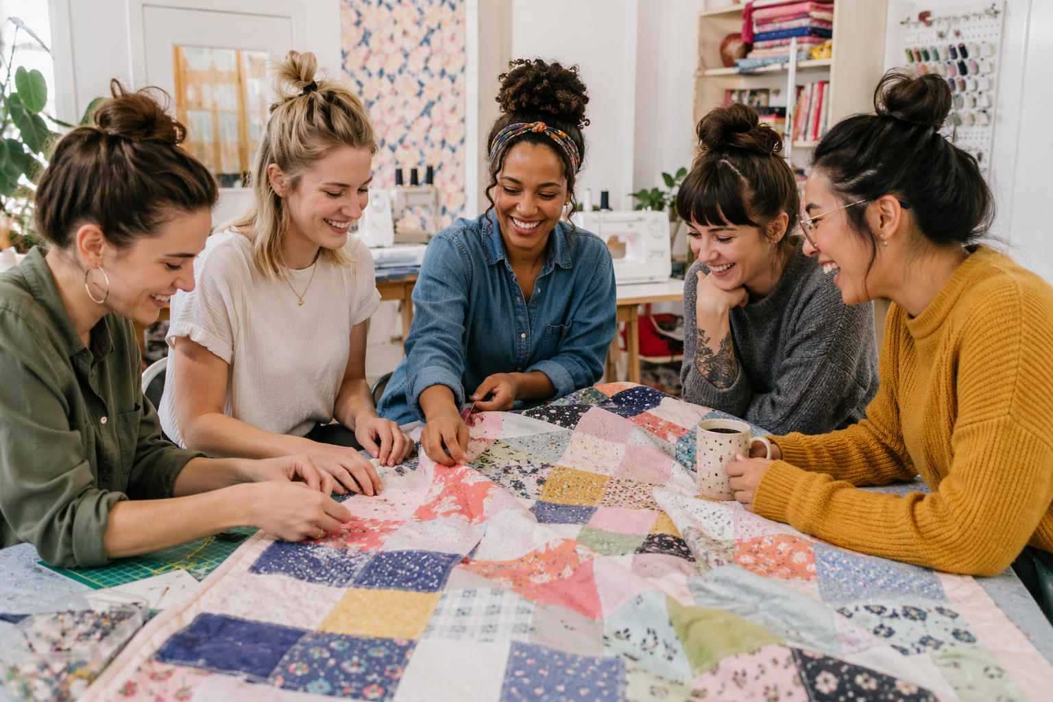 Six women are gathered around a colorful quilt, smiling and laughing in a sewing room, engaging in quilting or crafting.