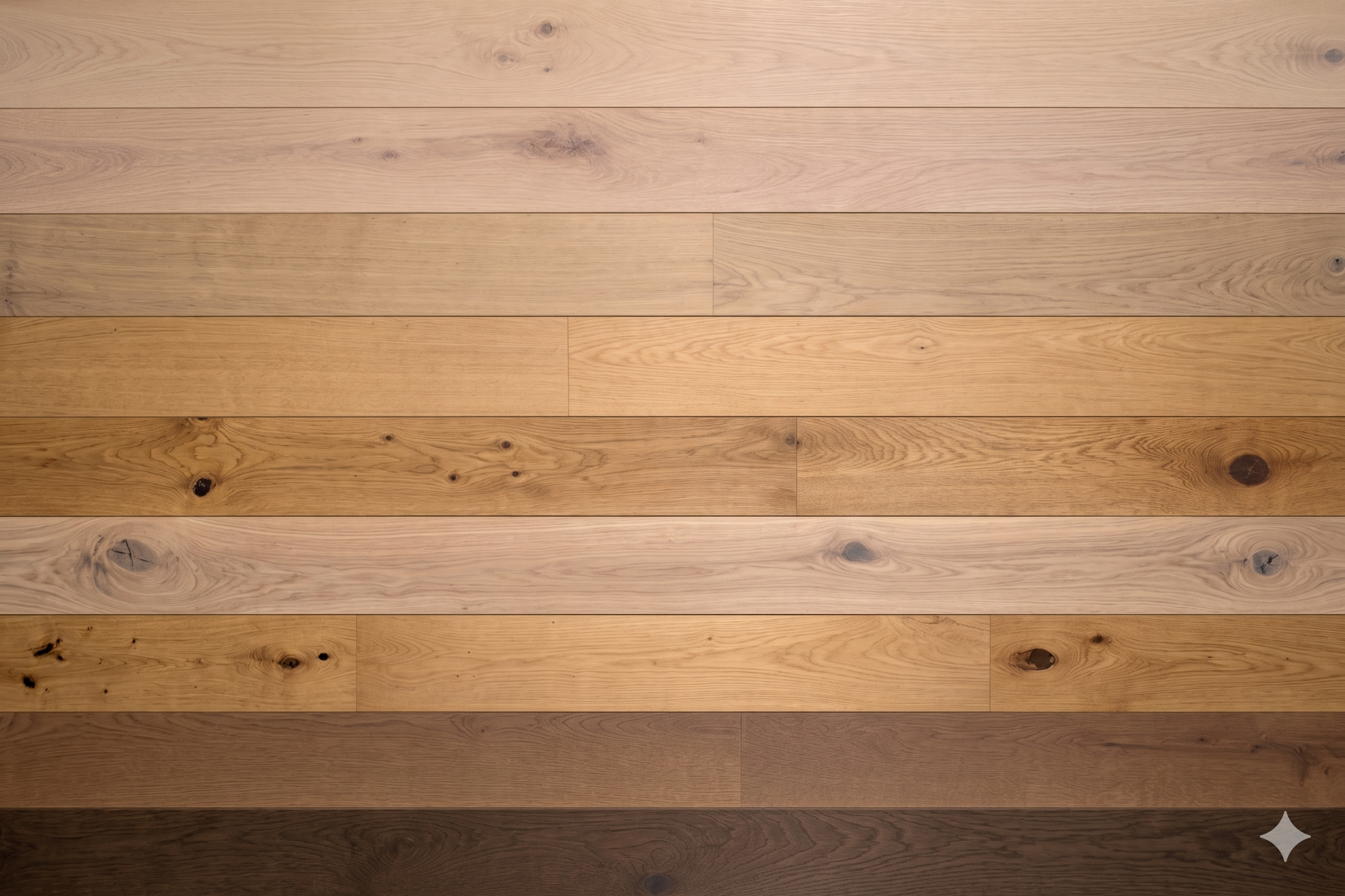 A photograph of a wooden floor with multiple horizontal planks in varying shades from light to dark, displaying visible wood grain, knots, and natural imperfections.