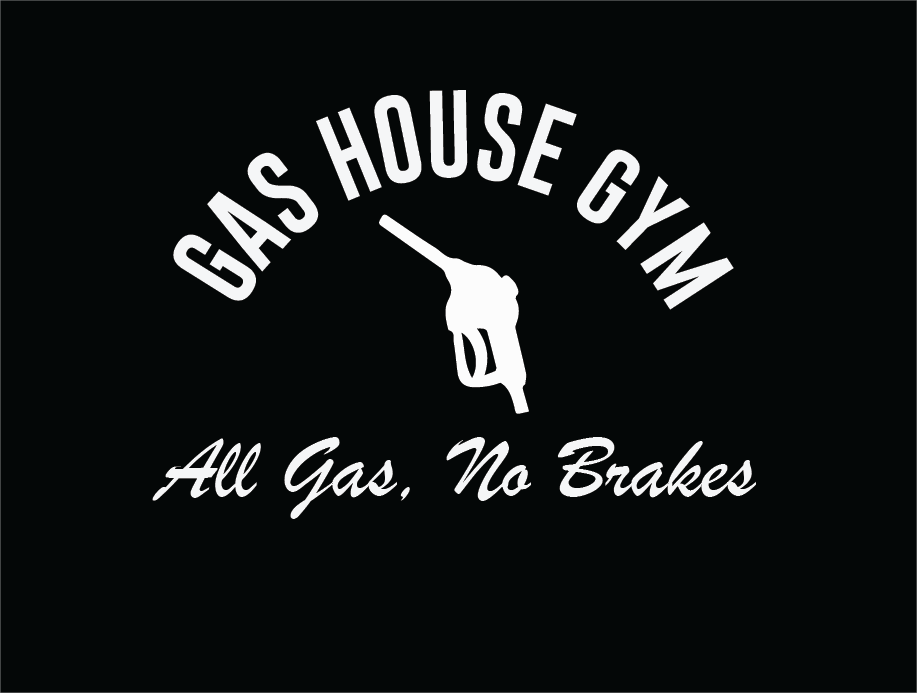 Logo for Gas House Gym with a pistol and a gas nozzle in the shape of a pistol, slogan says 'All Gas, No Brakes.'