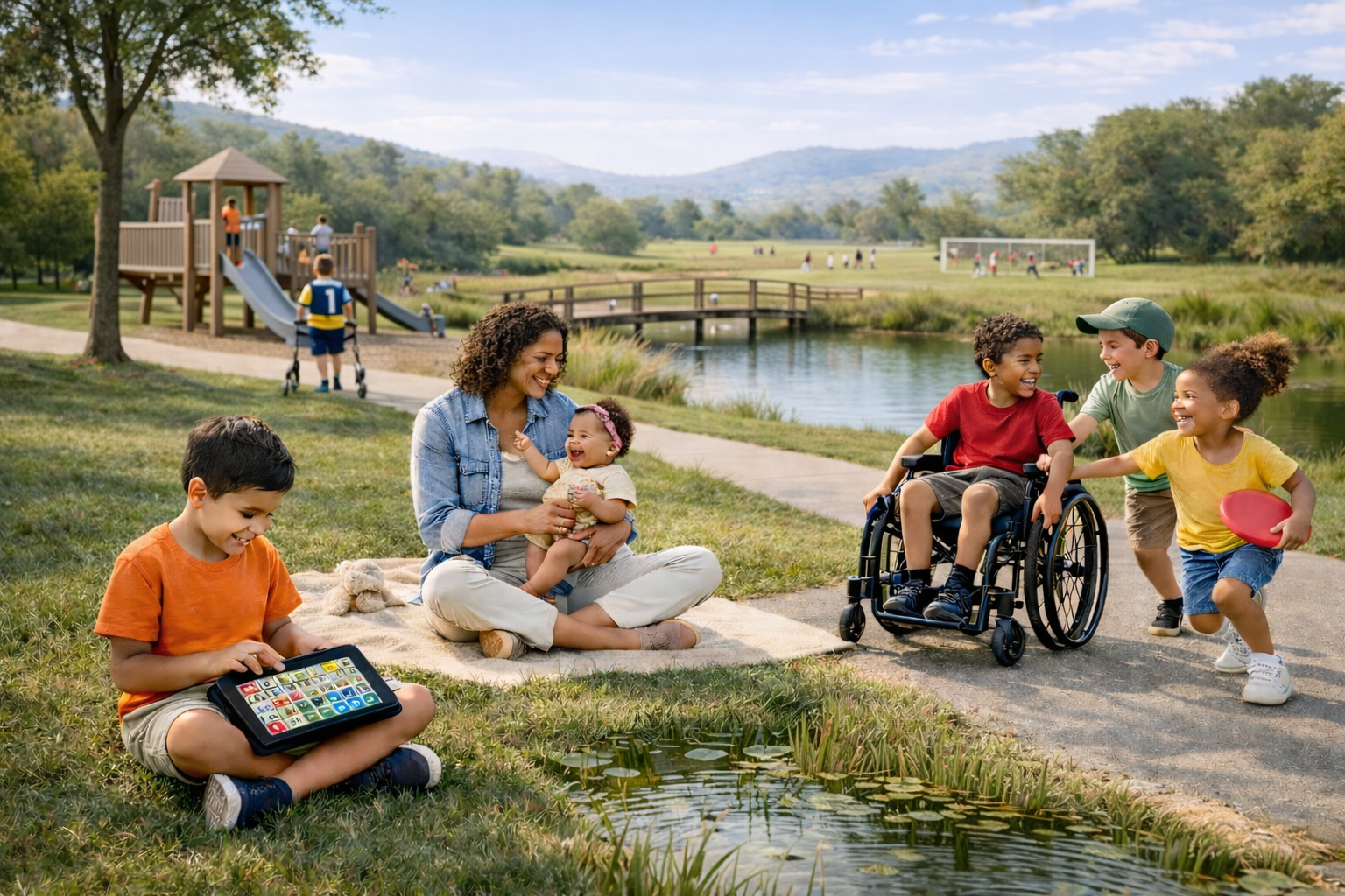 A diverse group of children and a woman enjoy outdoor activities by a pond in a park, with a playground and people playing soccer in the background.
