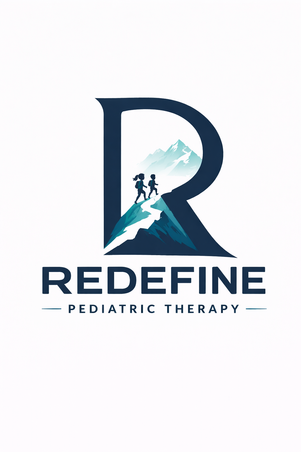 Logo for ReDefine Pediatric Therapy featuring a large stylized letter R with a mountain and two children hiking inside it, with the word ReDefine and the text Pediatric Therapy underneath.