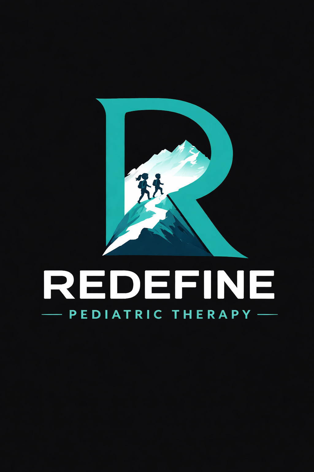 Logo for REDefine Pediatric Therapy featuring a stylized letter R with mountain and two children hiking inside.