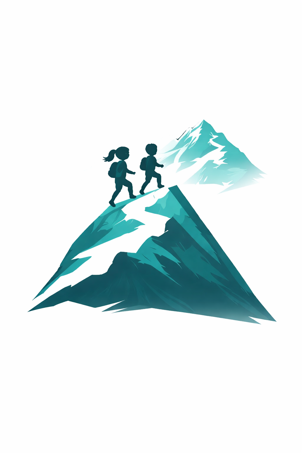 Illustration of two hikers climbing a mountain, with snow-capped peaks in the background.