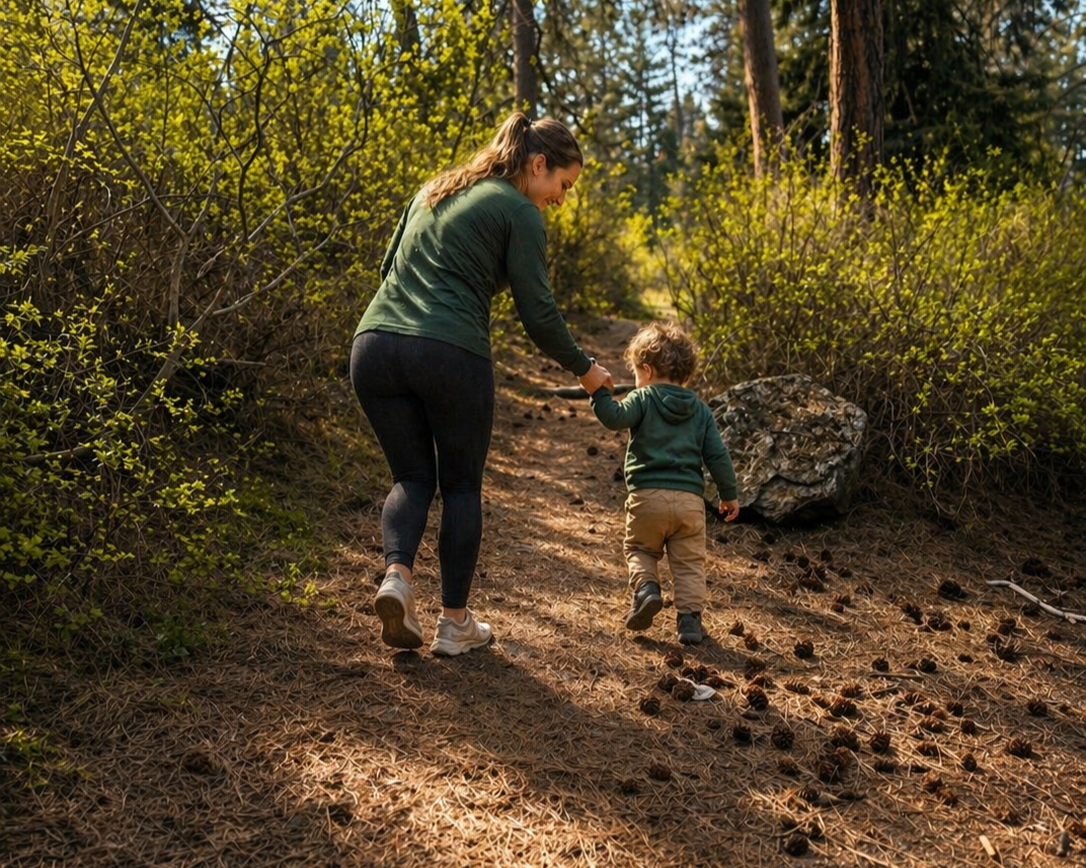 Woman and small child holding hands and walking up a forest trail surrounded by green bushes and trees during daytime.