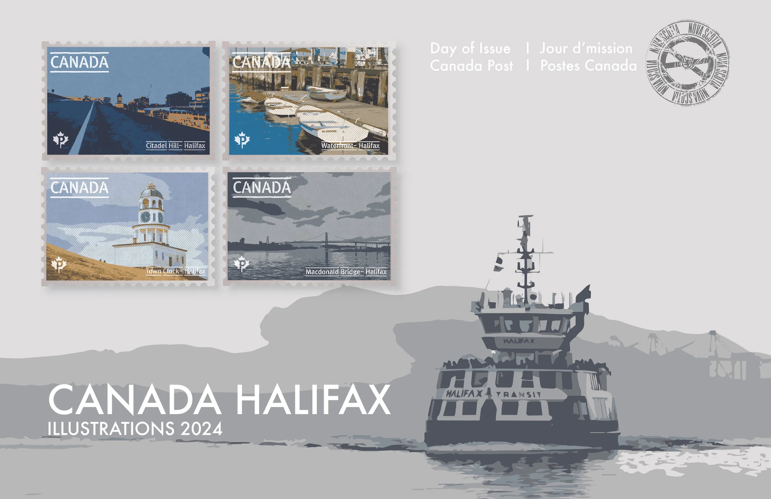 Four Canadian postage stamps featuring Halifax landmarks, including Citadel Hill, waterfront with boats, Town Clock, and Macdonald Bridge, with a grayscale illustration of a Halifax ferry and the text 'Canada Halifax Illustrations 2024'.