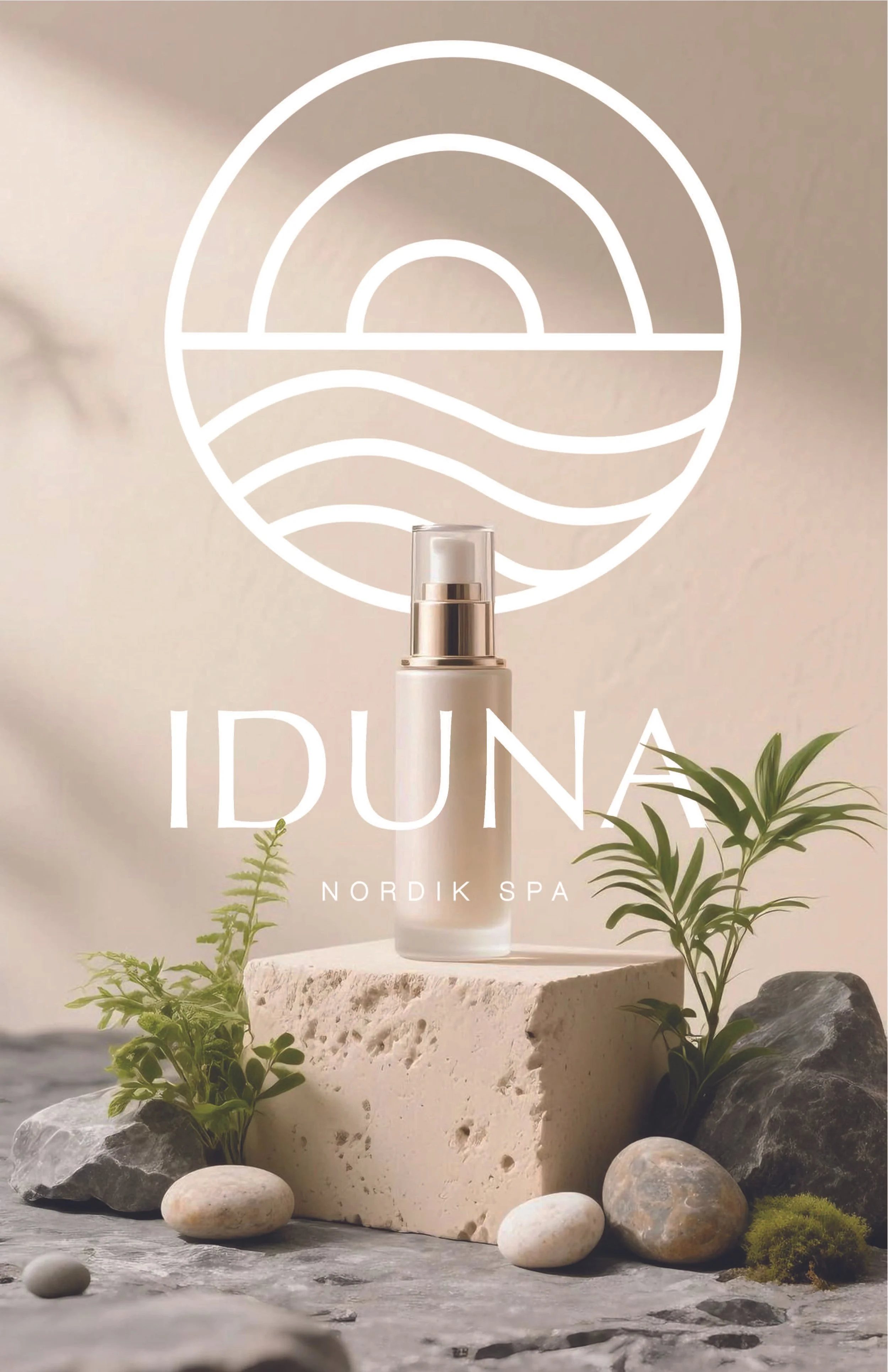 Skincare product with a white pump bottle on a textured stone surface, surrounded by small rocks and green plants, with a luminous logo above and the words 'IDUNA Nordik Spa'