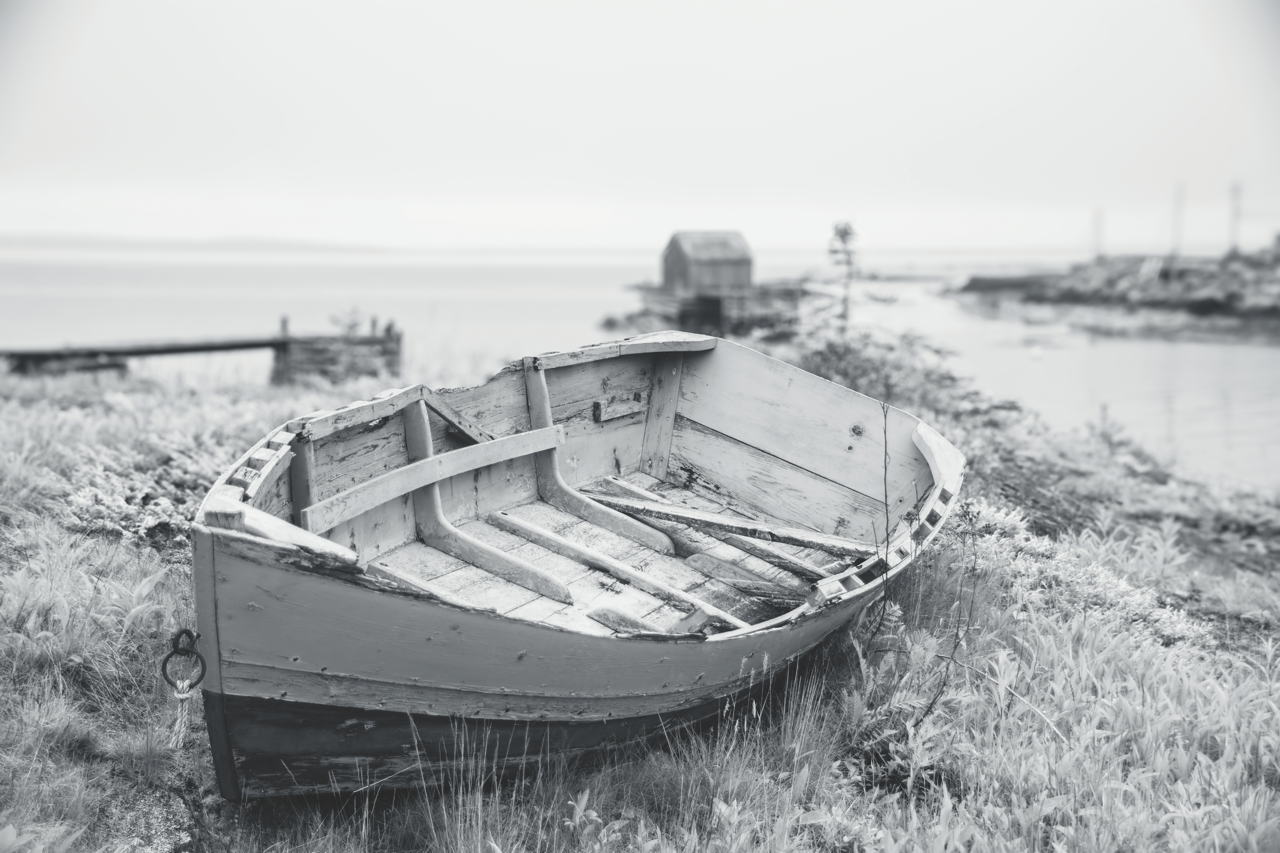An old wooden rowboat resting on grass by the water with a small shed and distant dock visible in the background.