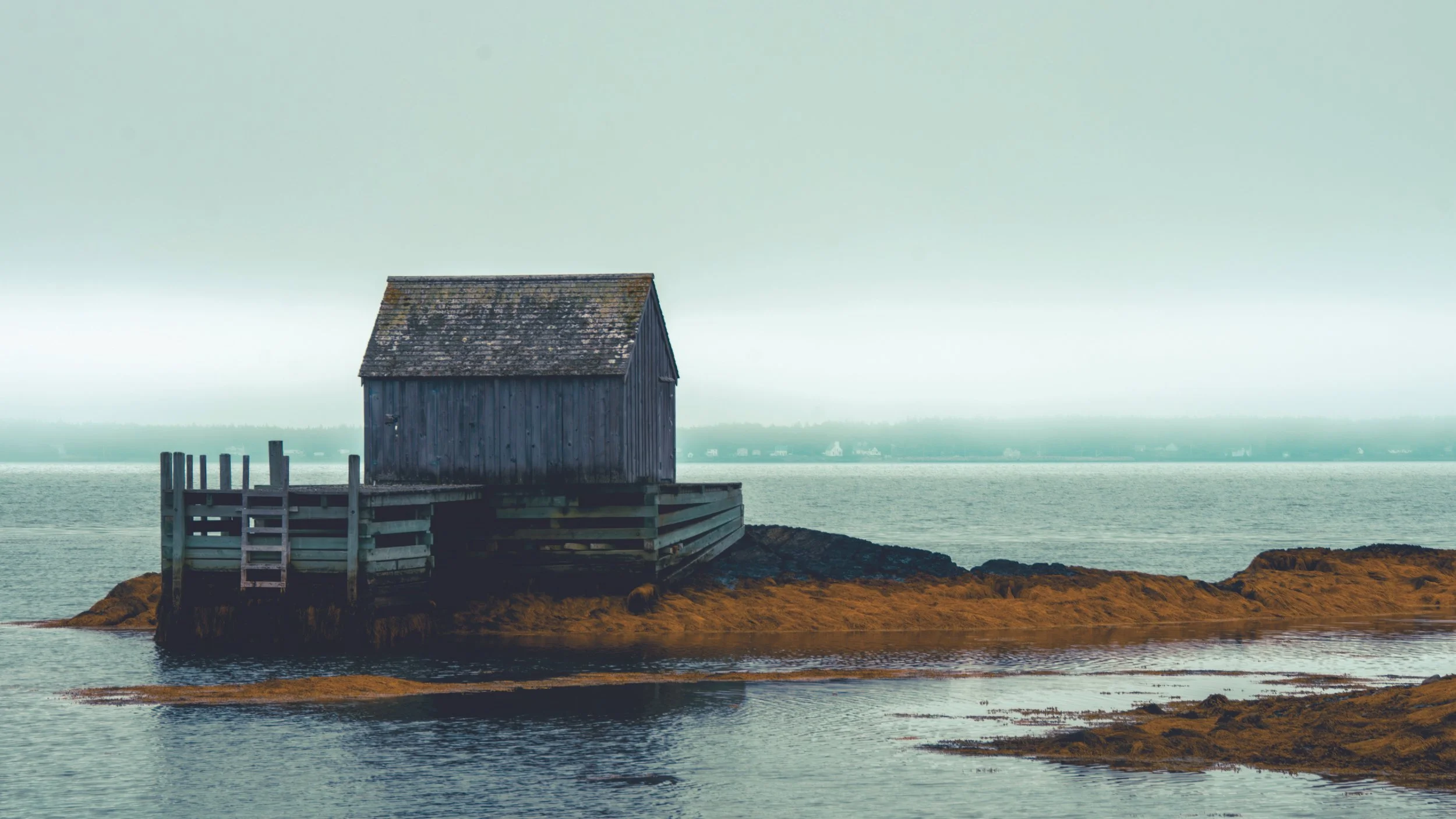 A small wooden house sits on a rocky shoreline over water, with a pier extending out from the house.
