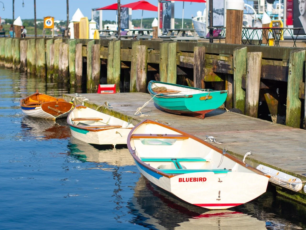 Four small boats are docked along a wooden pier at the water's edge, with a marina and boats in the background.