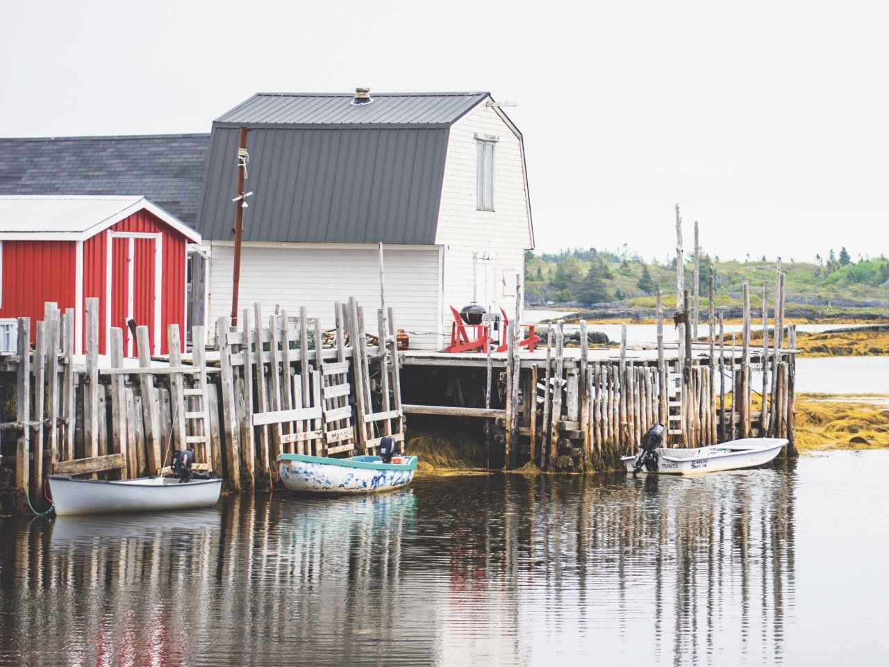 A rustic waterfront scene featuring a wooden dock with small boats tied to it, a white house with a gray roof, a red shed, and a lush green landscape in the background.