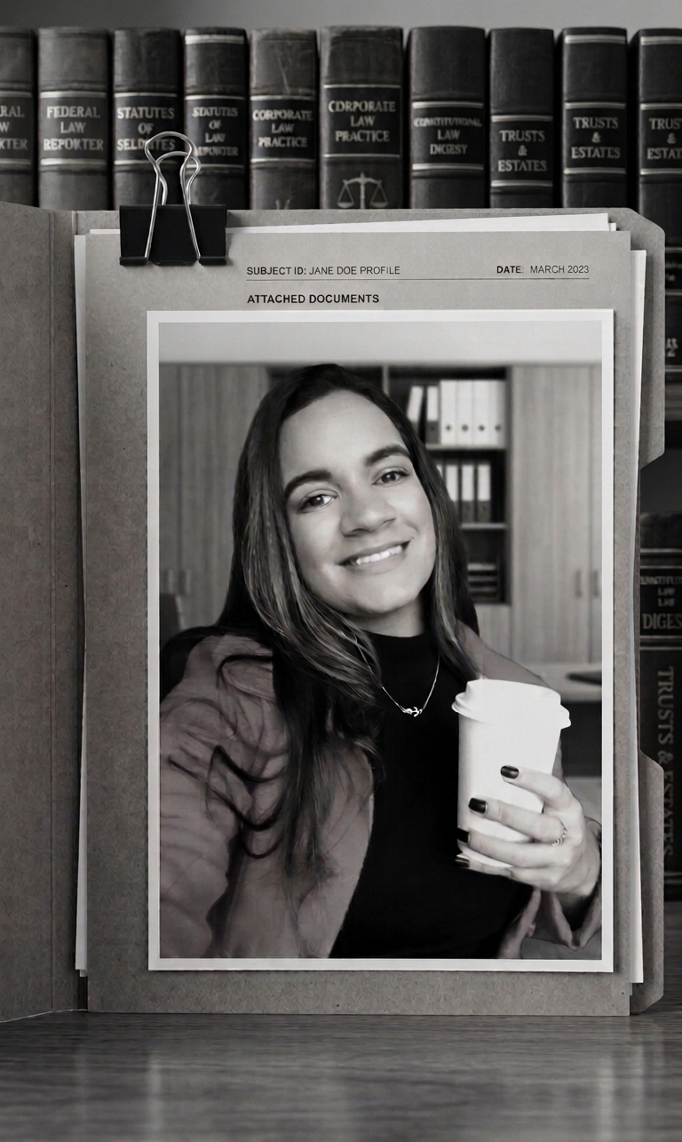 Black and white photograph of a woman smiling and holding a coffee cup, attached to a folder labeled Jane Doe Profile, on a desk in front of a bookshelf filled with law books.