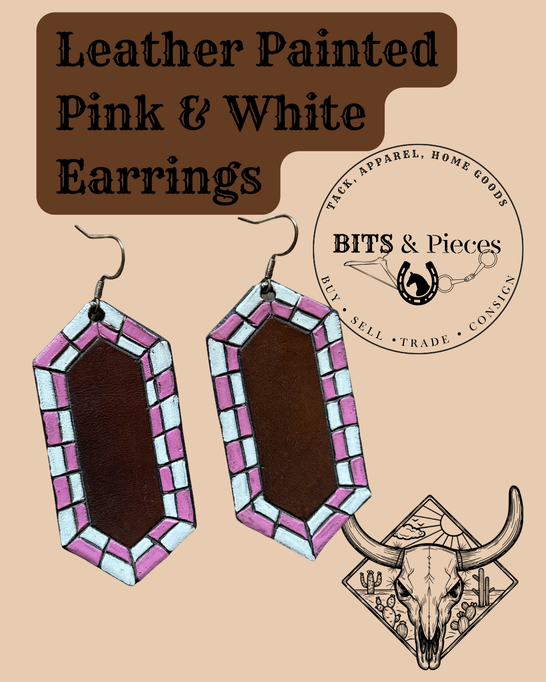 Leather Painted Pink and White Earrings