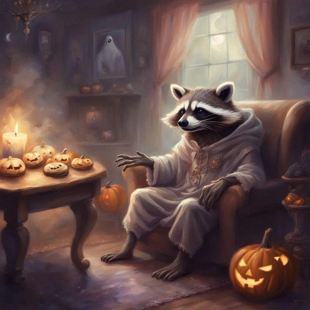 A raccoon dressed in white pajamas sitting on a vintage armchair in a cozy, dimly-lit room decorated for Halloween with carved pumpkins, a lit candle, and ghostly artwork on the walls.