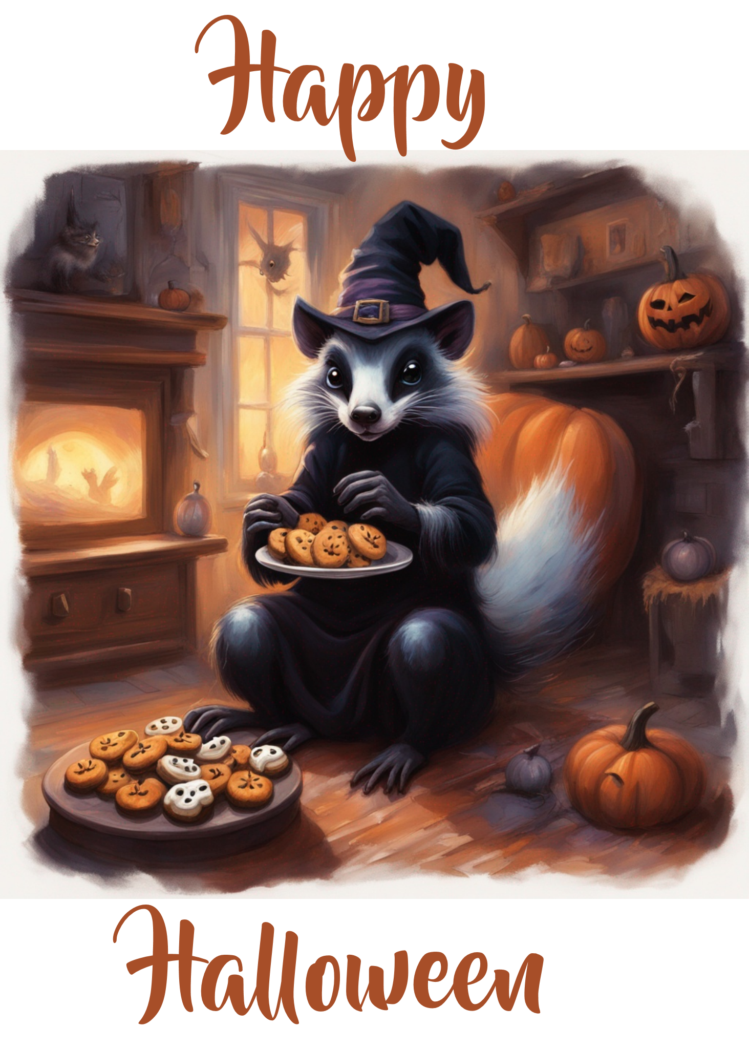 An animated illustration of a raccoon dressed as a witch, sitting in a cozy Halloween-themed room with pumpkins and bats, holding a plate of cookies with jack-o'-lantern faces. There are more cookies on a tray on the floor, and a fireplace with a spider hanging from the ceiling, a black cat on the mantel, and a window showing a spooky moonlit scene.