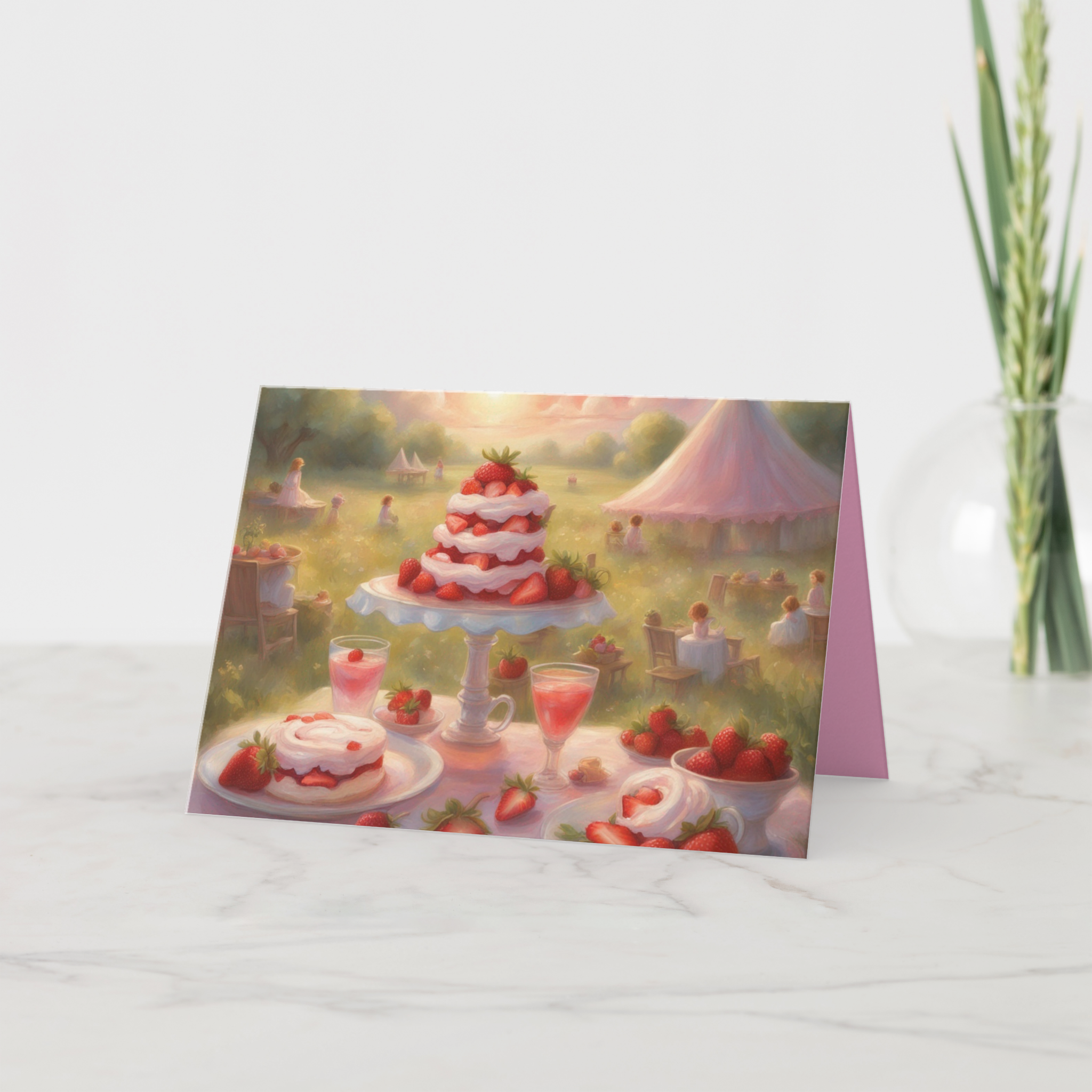 Whimsical Strawberry Shortcake Picnic Birthday Card