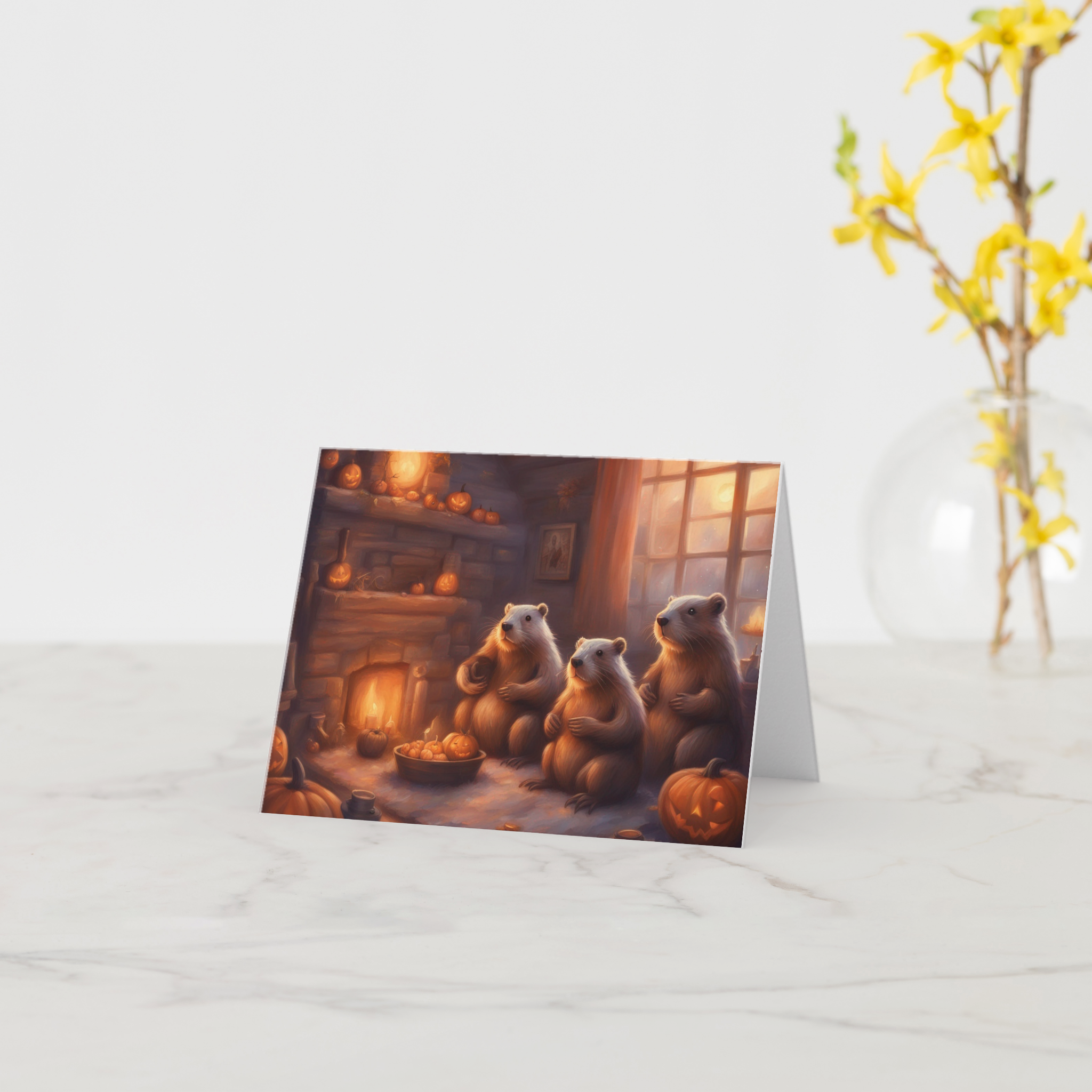 A Halloween themed greeting card featuring three bears sitting around a fireplace decorated with pumpkins and autumn decorations, inside a cozy cabin with sunlight coming through the windows.