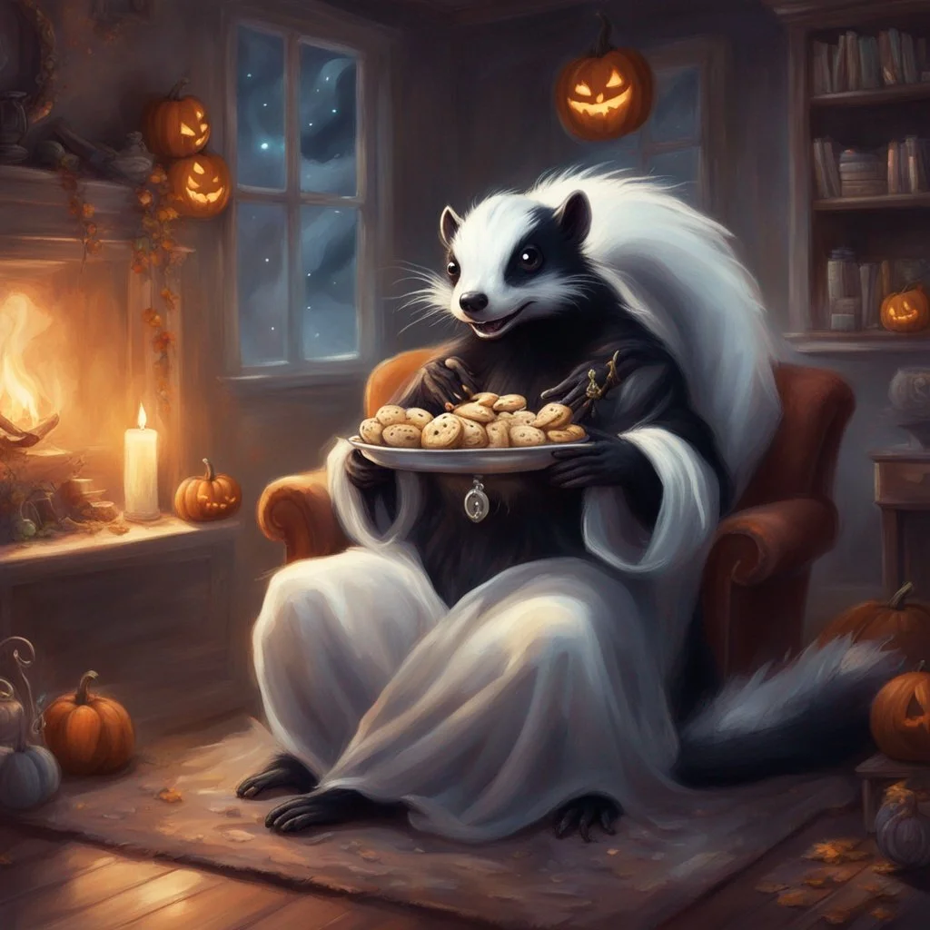 A raccoon dressed as a witch sitting in a cozy room decorated for Halloween, holding a plate of cookies, with pumpkins, candles, and a fireplace.