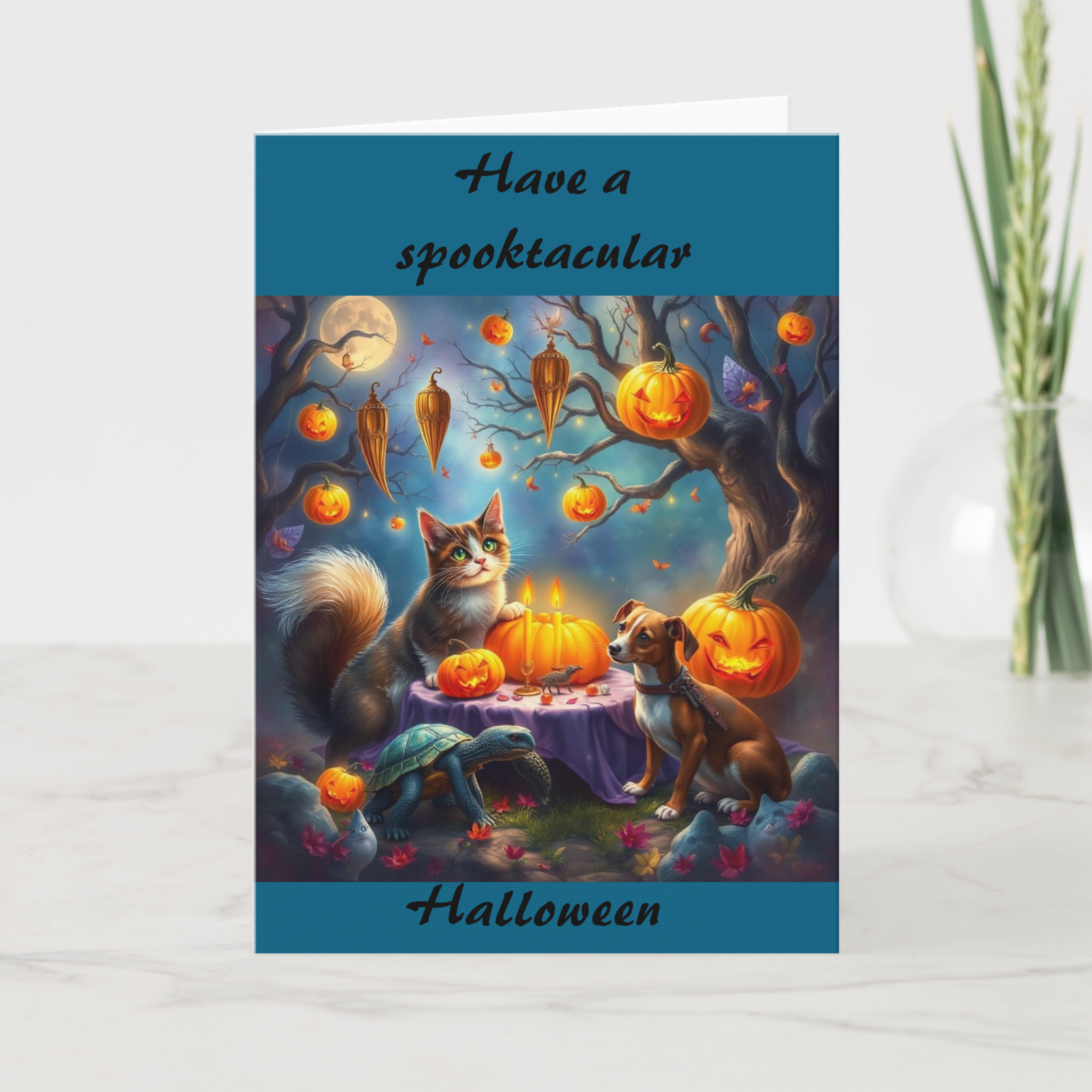 Halloween themed greeting card featuring a cat and dog sitting at a table with carved pumpkins, candles, a turtle, and an outdoor scene with hanging Jack-o'-lanterns, umbrellas, leaves, and a full moon.