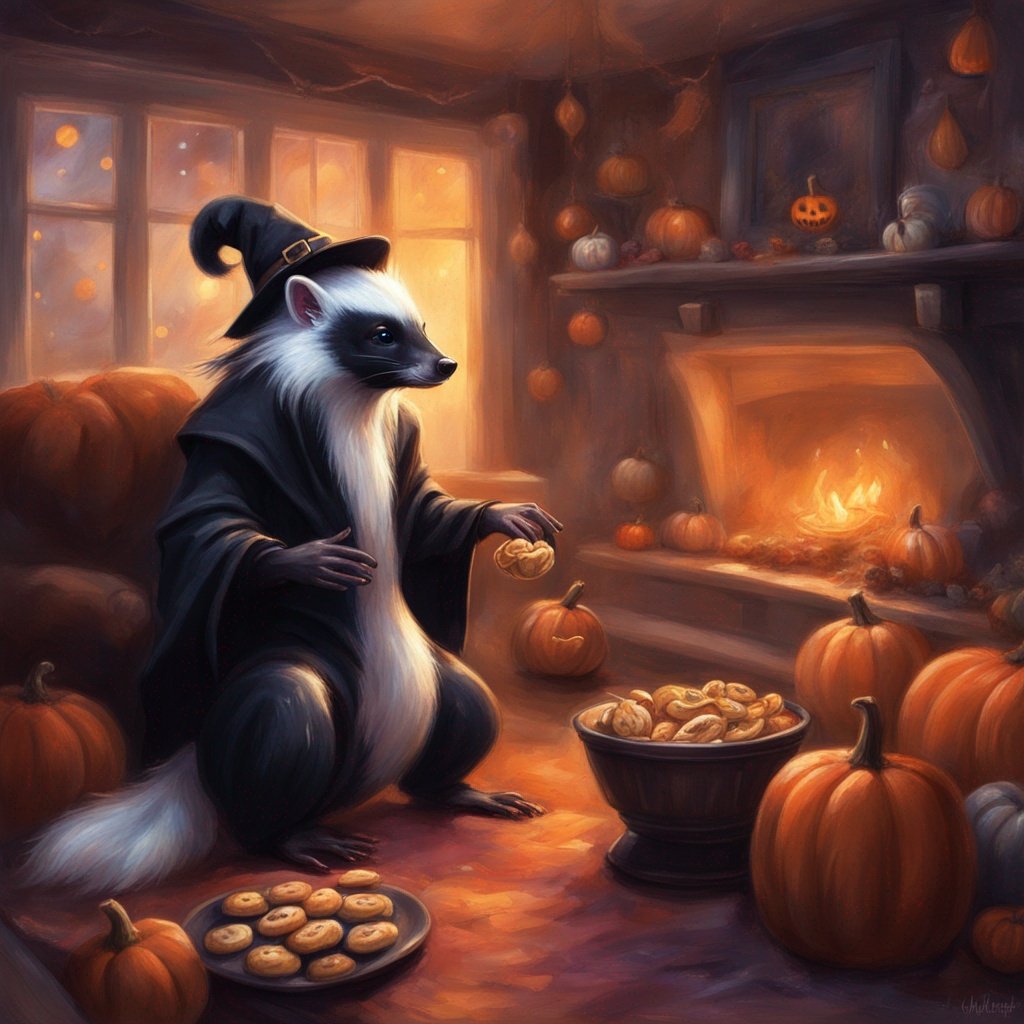 A raccoon dressed as a witch sitting in a cozy room filled with pumpkins and fall decorations, holding a cookie, with a fireplace and Halloween decorations in the background.