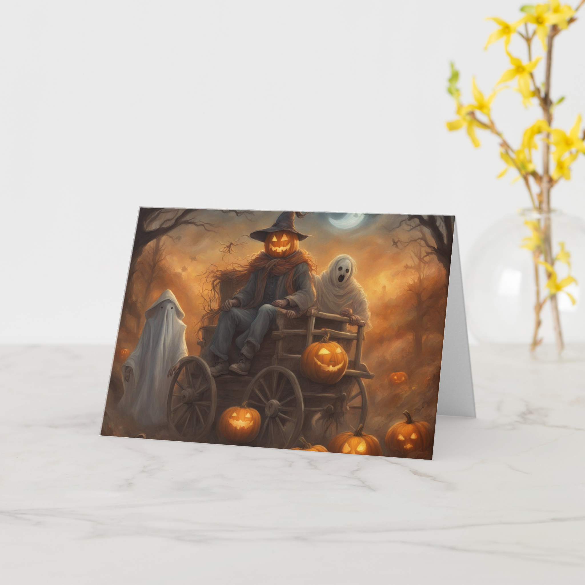 A Halloween-themed illustration of a person with a pumpkin head wearing a witch's hat, sitting in a wagon decorated with carved pumpkins, surrounded by ghostly figures and autumn trees under a full moon.