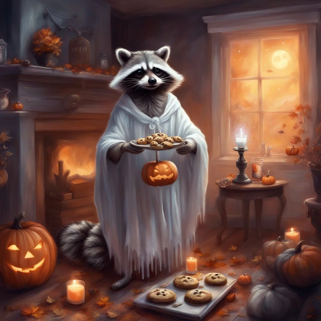 A raccoon dressed in a white ghost costume standing indoors with a pumpkin-shaped basket, holding a tray of cookies. The room is decorated for Halloween with carved pumpkins, candles, autumn leaves, and a full moon visible through the window.