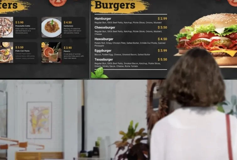 Part of a menu board displaying burger options with prices, including hamburger, cheeseburger, hawaiian burger, egg burger, and texas burger, with descriptions of ingredients. A woman with brown, curly hair and a white shirt is in front of the menu, facing away, in a modern restaurant interior.