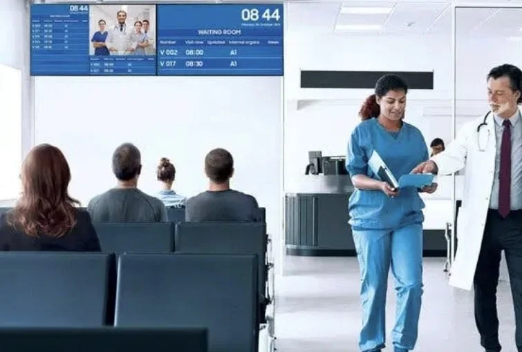Hospital waiting room with four seated patients, two women and two men, facing a digital display board showing flight or appointment information. Two medical staff, a nurse in blue scrubs and a doctor with a stethoscope, are engaged in conversation and looking at a clipboard.