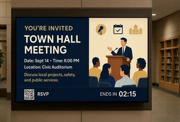 Digital display announcing a town hall meeting on September 14 at 6:00 PM in the Civic Auditorium, discussing local projects, safety, and public services, with a countdown of 2 minutes and 15 seconds remaining.