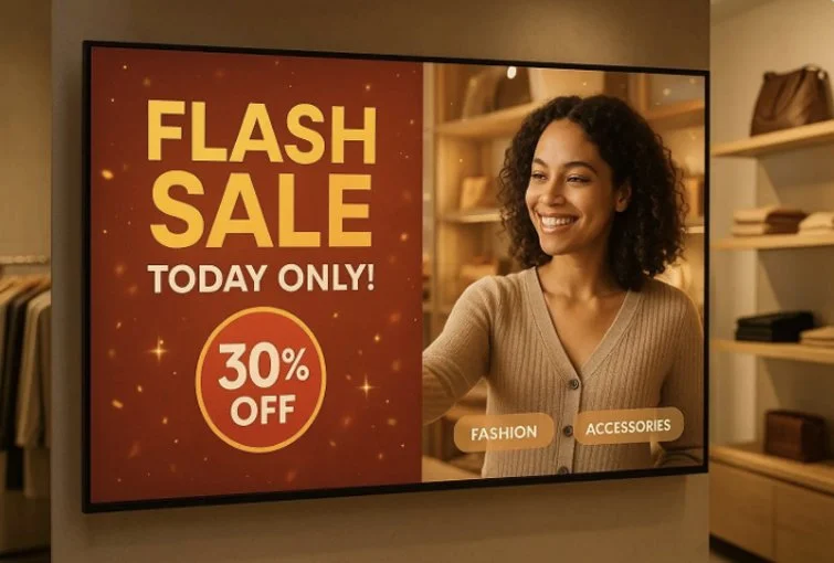 TV screen displaying a flash sale advertisement with a smiling woman shopping in a clothing store. The ad highlights a 30% discount on fashion accessories for today only.