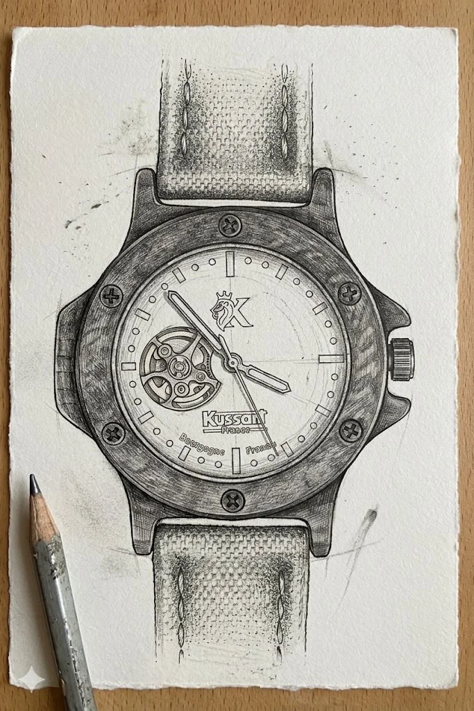 Dessin au crayon d'une montre avec un bracelet en tissu, montrant les détails du cadran et du boîtier.