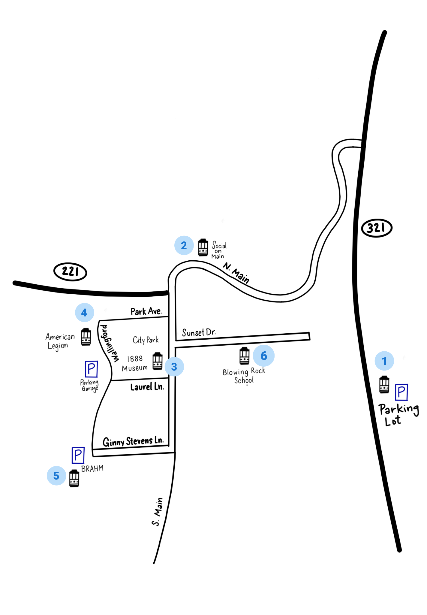 Map of a downtown Blowing Rock, NC with streets labeled Laurel Ln., GInny Stevens Ln., and S. Main. Notable locations include the American Legion, City Park, the 1888 Museum, Blowing Rock School, and various parking lots.