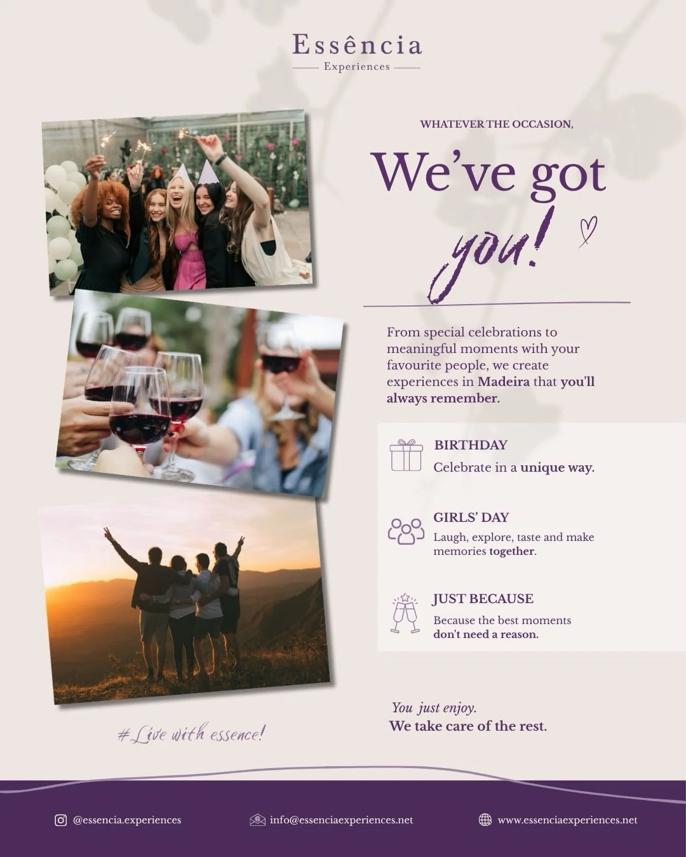 Whatever you&rsquo;re celebrating &mdash; or simply whenever you feel like doing something special or different &mdash; we&rsquo;ll create an experience around it.

Thoughtfully curated. Personalised to you. Made to be remembered. 💜

✨ Your occasion