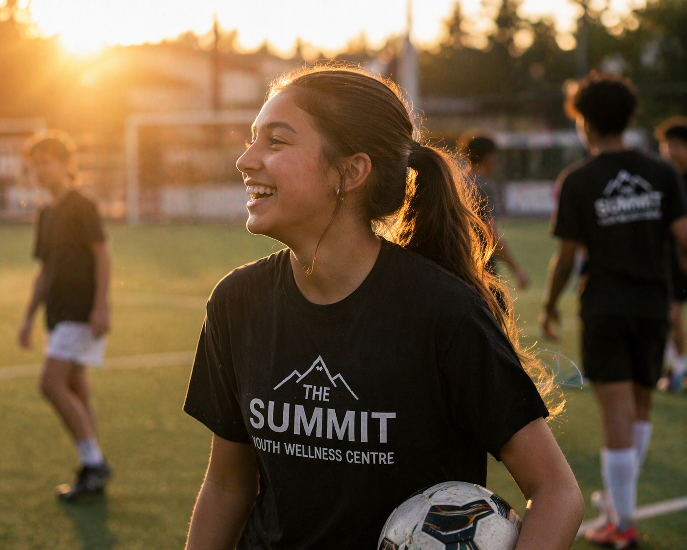 A young woman smiling on a soccer field during sunset, holding a soccer ball, wearing a black T-shirt that reads 'The Summit Youth Wellness Centre,' with other players in the background.