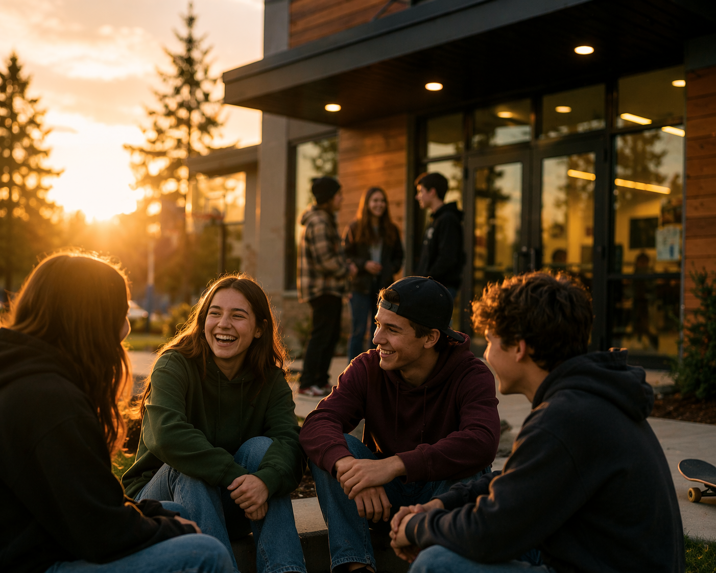 Group of five teenagers sitting on the ground talking and smiling outside a building during sunset, with three other teenagers standing and conversing in the background.